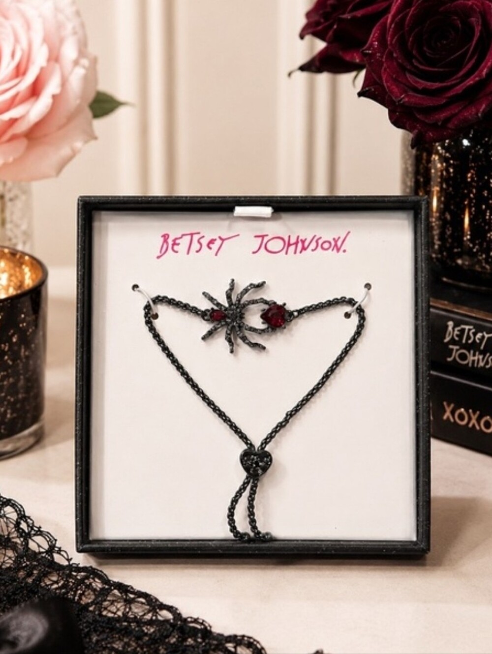 Betsey Johnson NEW In BOX Black Chain Bracelet with Red Spider Accent